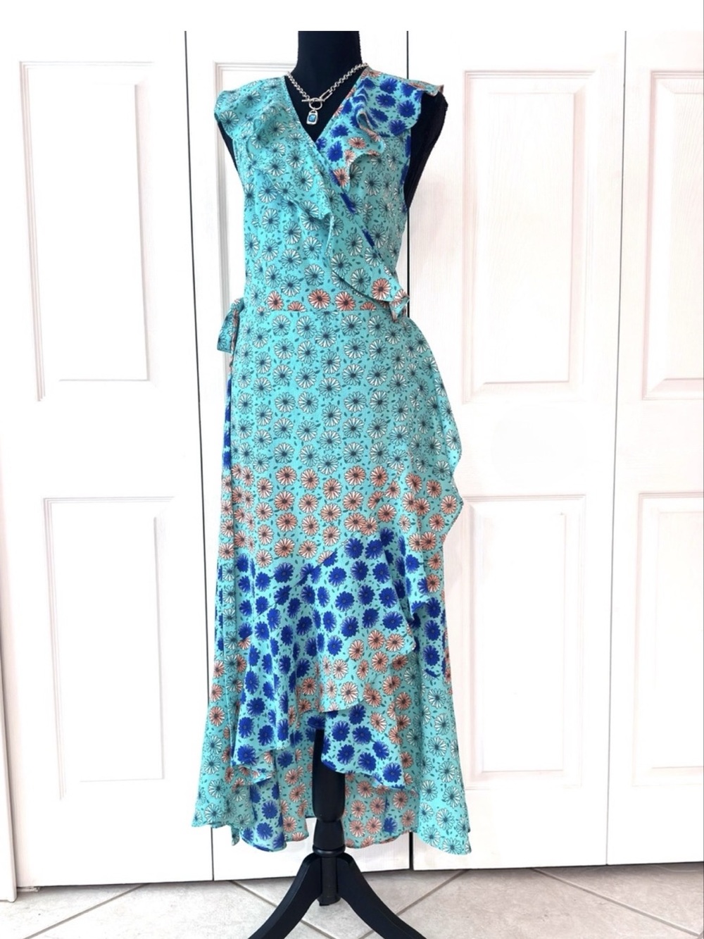 DONNA MORGAN ~ Teal Orange Blue Ruffled Floral High Low Wrap Dress size 16